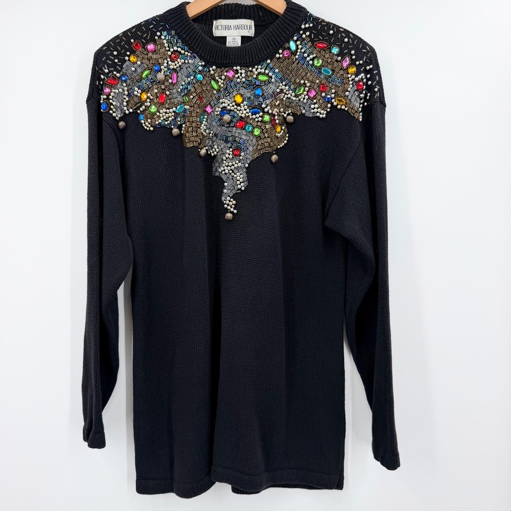 Vintage Beaded Jeweled Gemstone Sweater Black Multi Retro Glam Holiday Festive